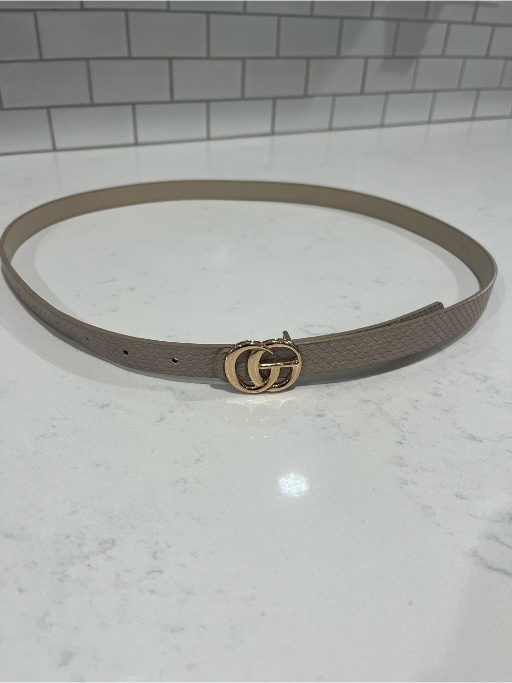 Taupe Textured Skinny Belt with Gold Double-G Style Buckle
